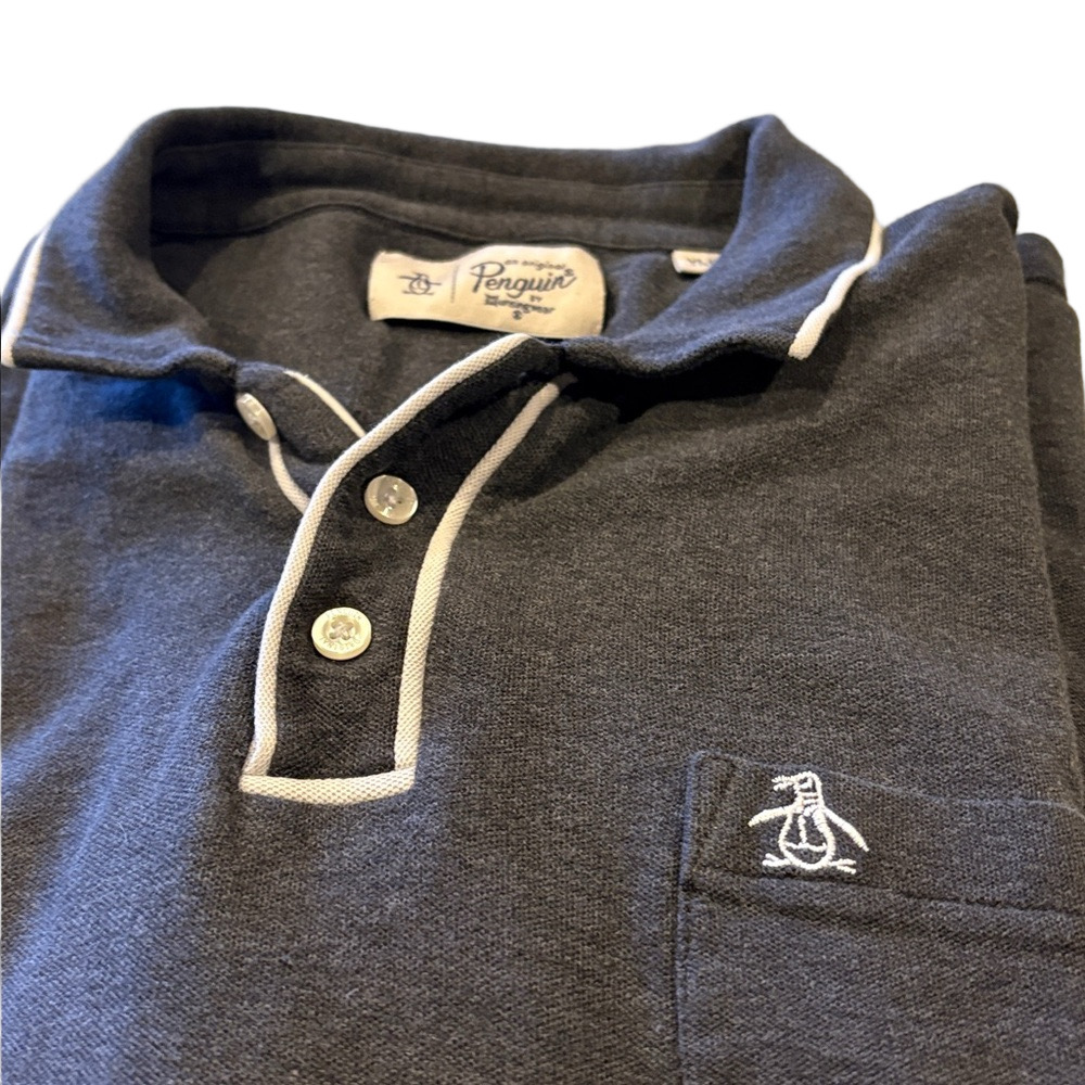 Original Penguin Mens XL Polo Shirt Heather Gray Contrast Trim Pocket Logo